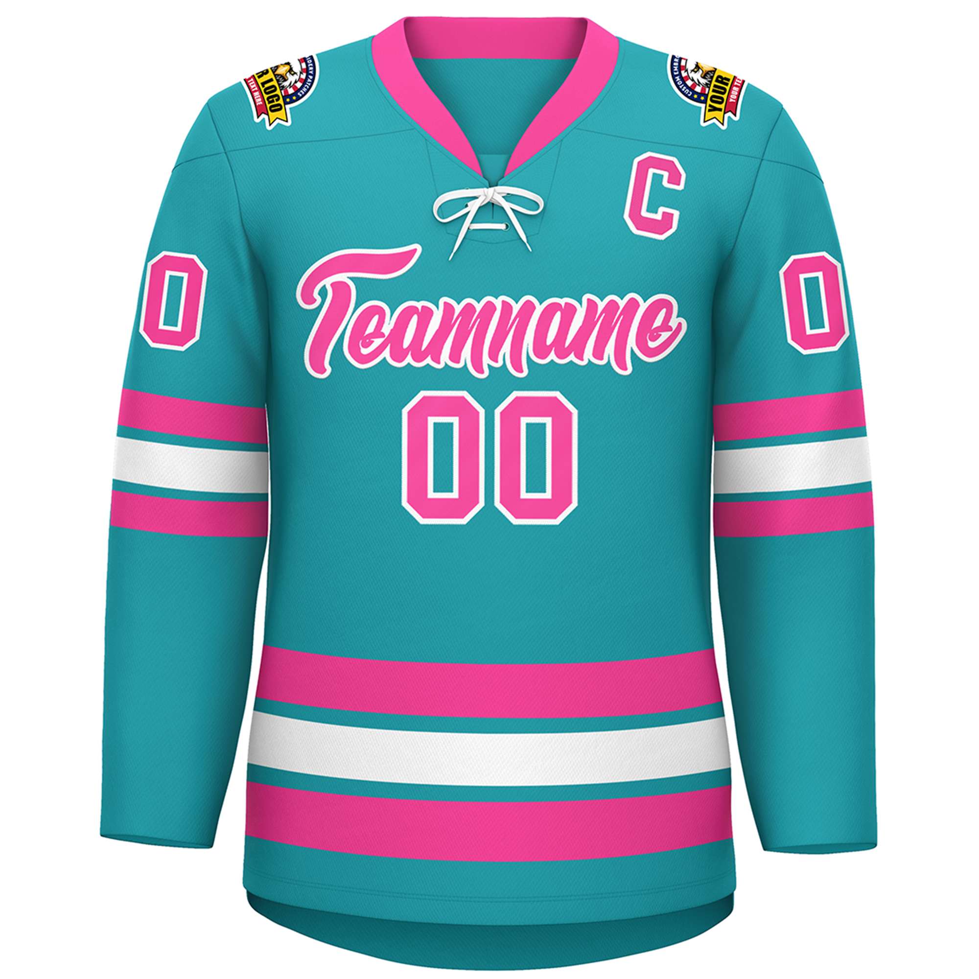 Custom Aqua Pink-White Lace-Up Neck Hockey Jersey