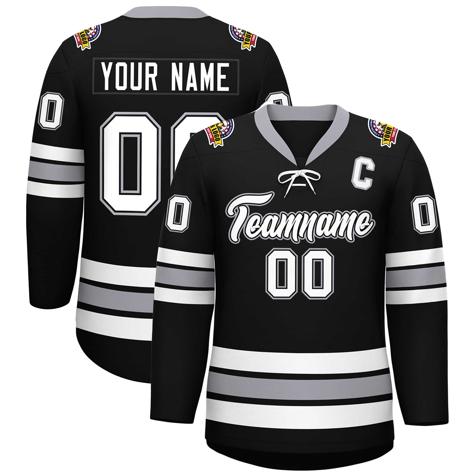 Custom Black White-Gray Lace-Up Neck Hockey Jersey