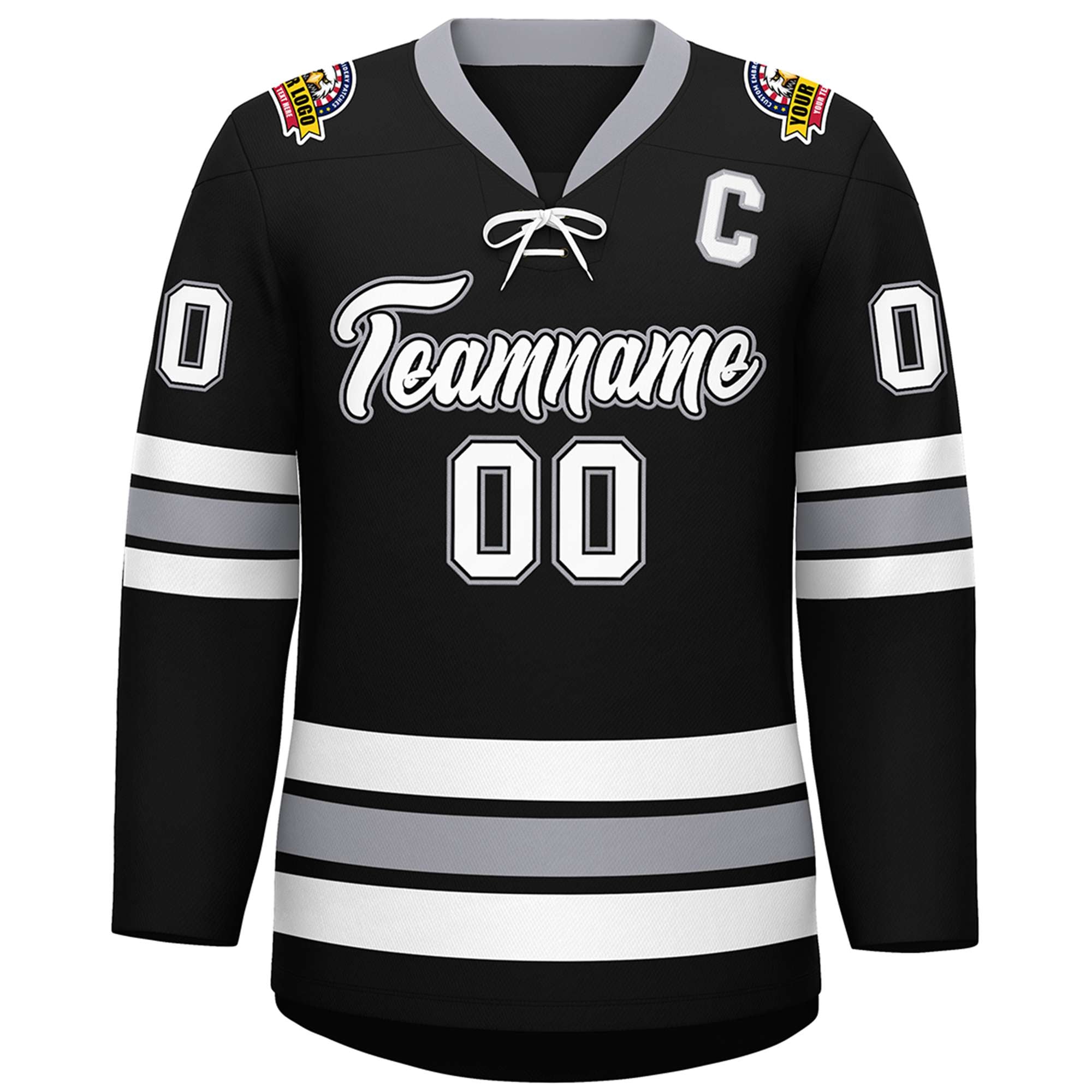 Custom Black White-Gray Lace-Up Neck Hockey Jersey