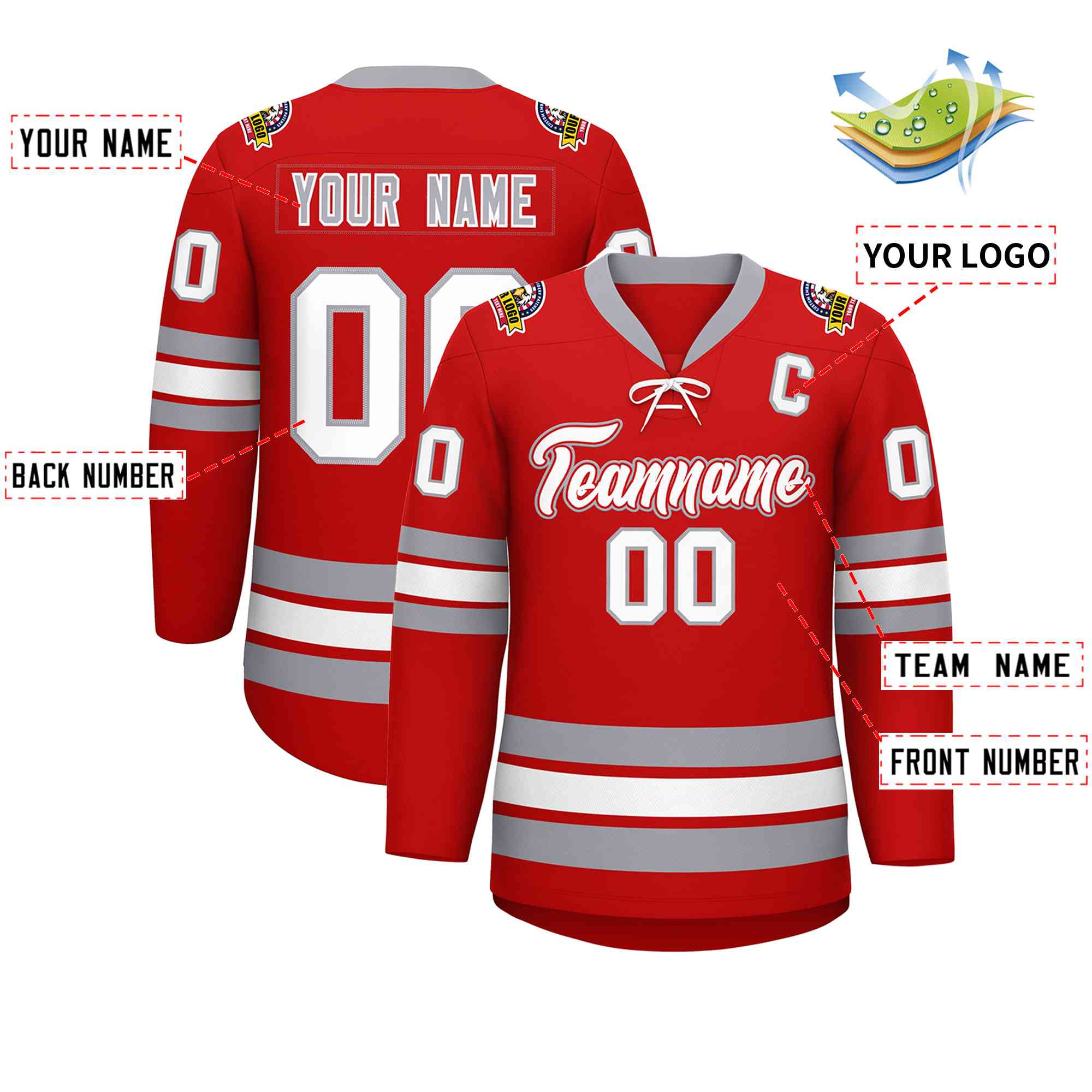 Custom Red White-Gray Lace-Up Neck Hockey Jersey