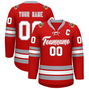 Custom Red White-Gray Lace-Up Neck Hockey Jersey