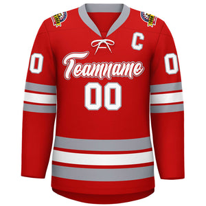 Custom Red White-Gray Lace-Up Neck Hockey Jersey