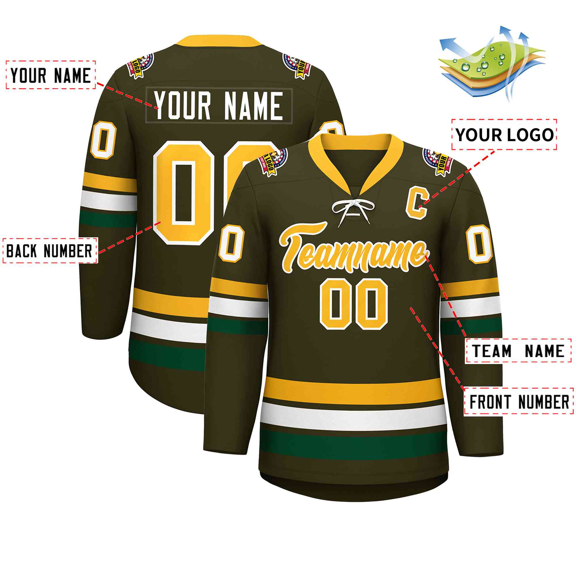 Custom Olive Yellow-White Lace-Up Neck Hockey Jersey