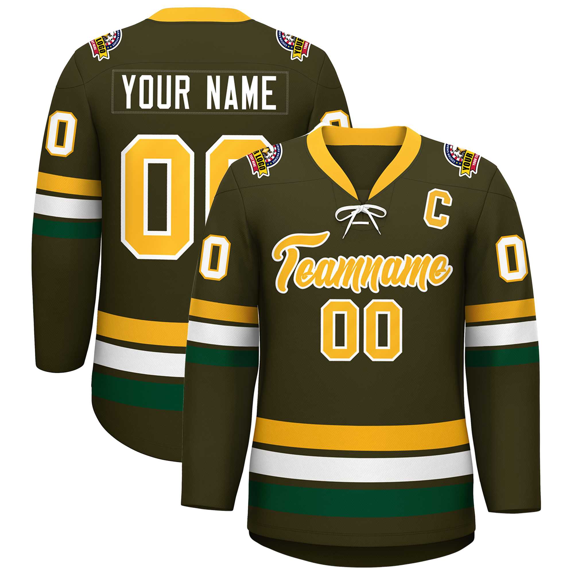 Custom Olive Yellow-White Lace-Up Neck Hockey Jersey