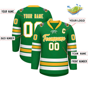 Custom Kelly Green Yellow-White Lace-Up Neck Hockey Jersey