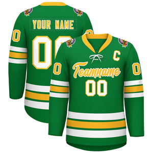 Custom Kelly Green Yellow-White Lace-Up Neck Hockey Jersey