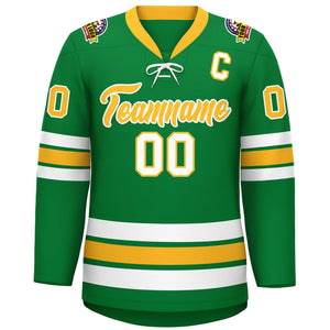 Custom Kelly Green Yellow-White Lace-Up Neck Hockey Jersey