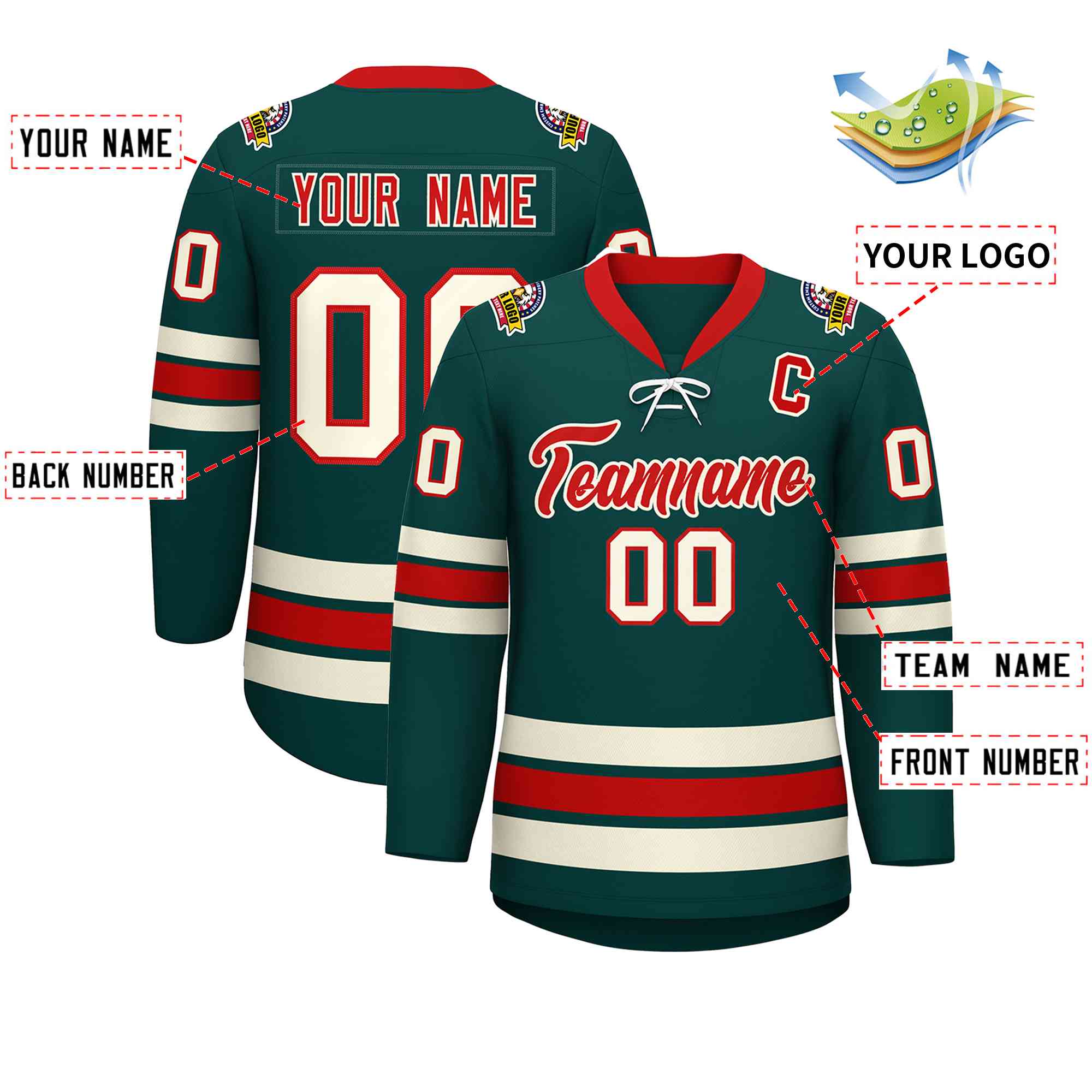 Custom Midnight Green Red-Cream Lace-Up Neck Hockey Jersey