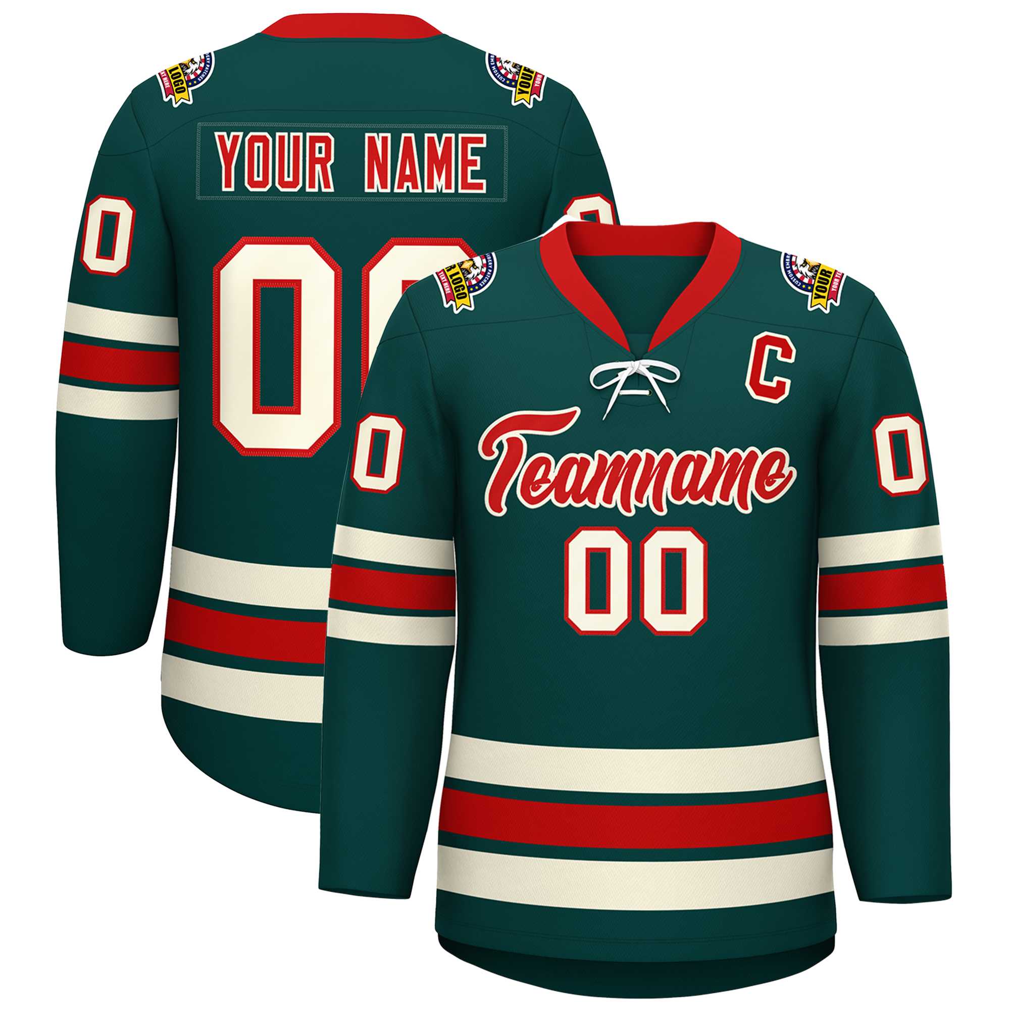 Custom Midnight Green Red-Cream Lace-Up Neck Hockey Jersey