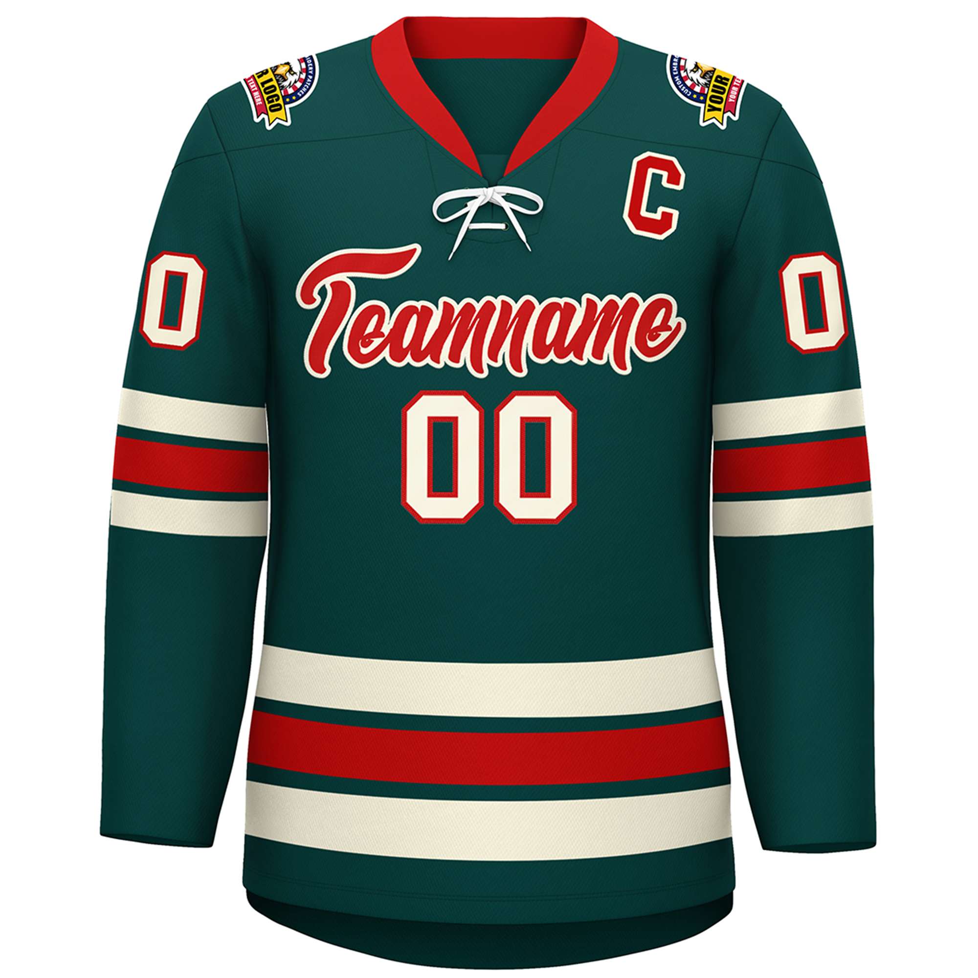 Custom Midnight Green Red-Cream Lace-Up Neck Hockey Jersey