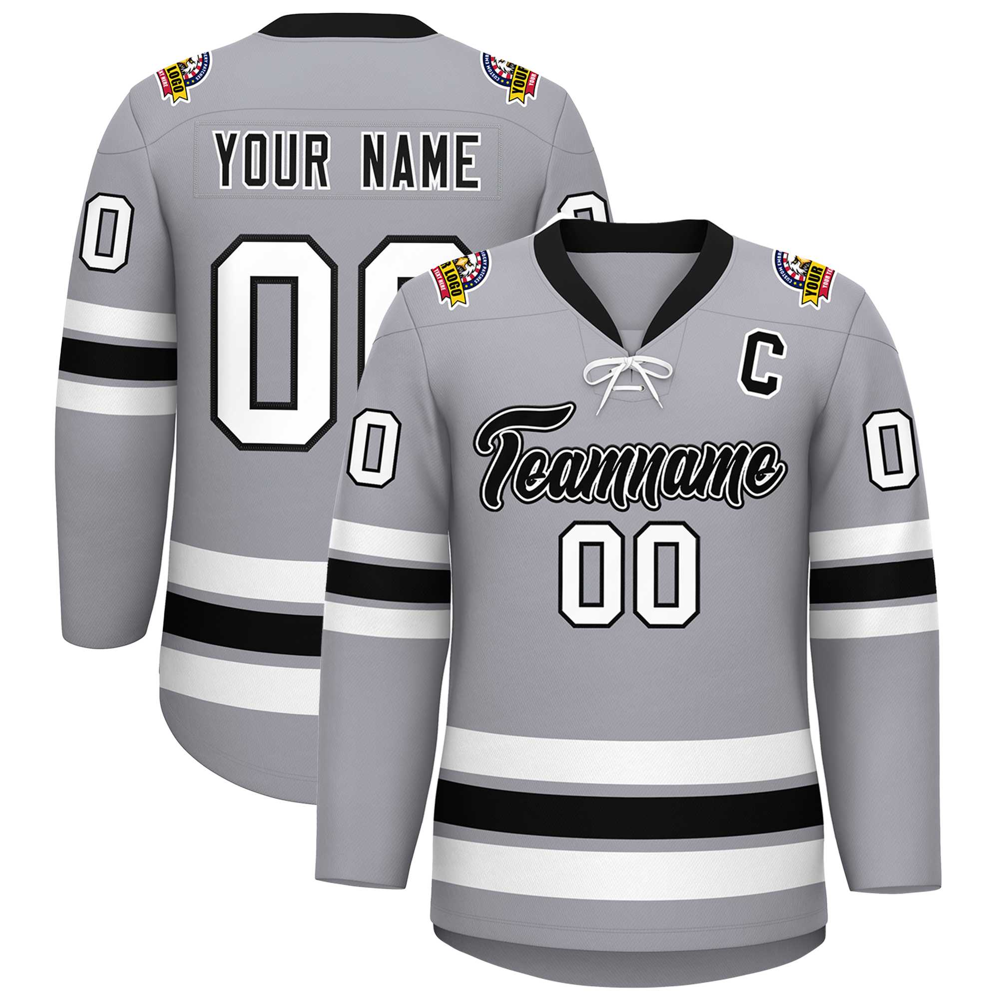 Custom Gray Black-White Lace-Up Neck Hockey Jersey