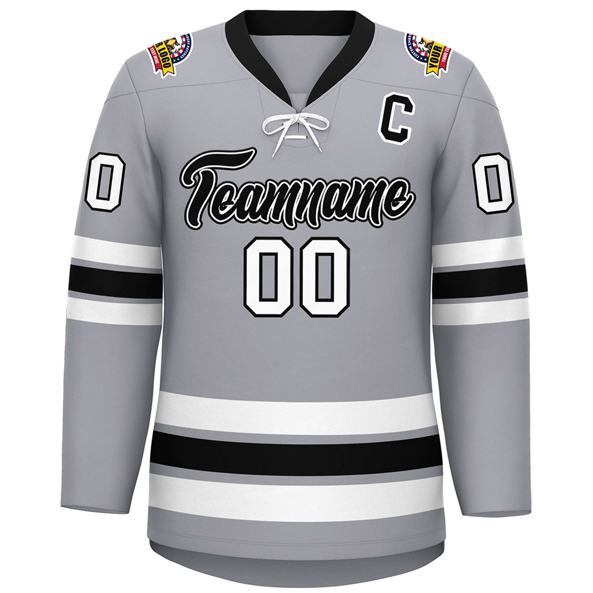 Custom Gray Black-White Lace-Up Neck Hockey Jersey