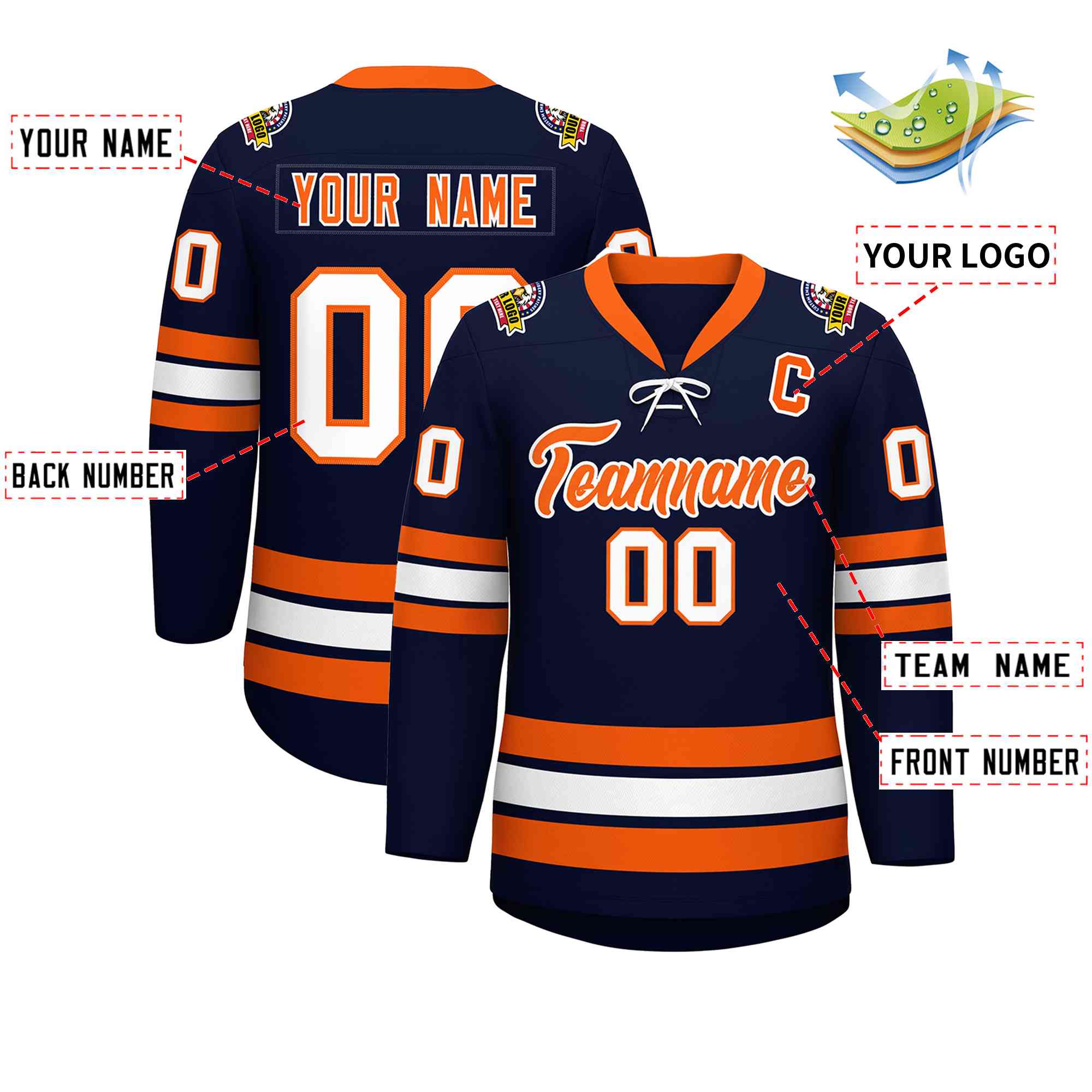 Custom Navy Orange-White Lace-Up Neck Hockey Jersey