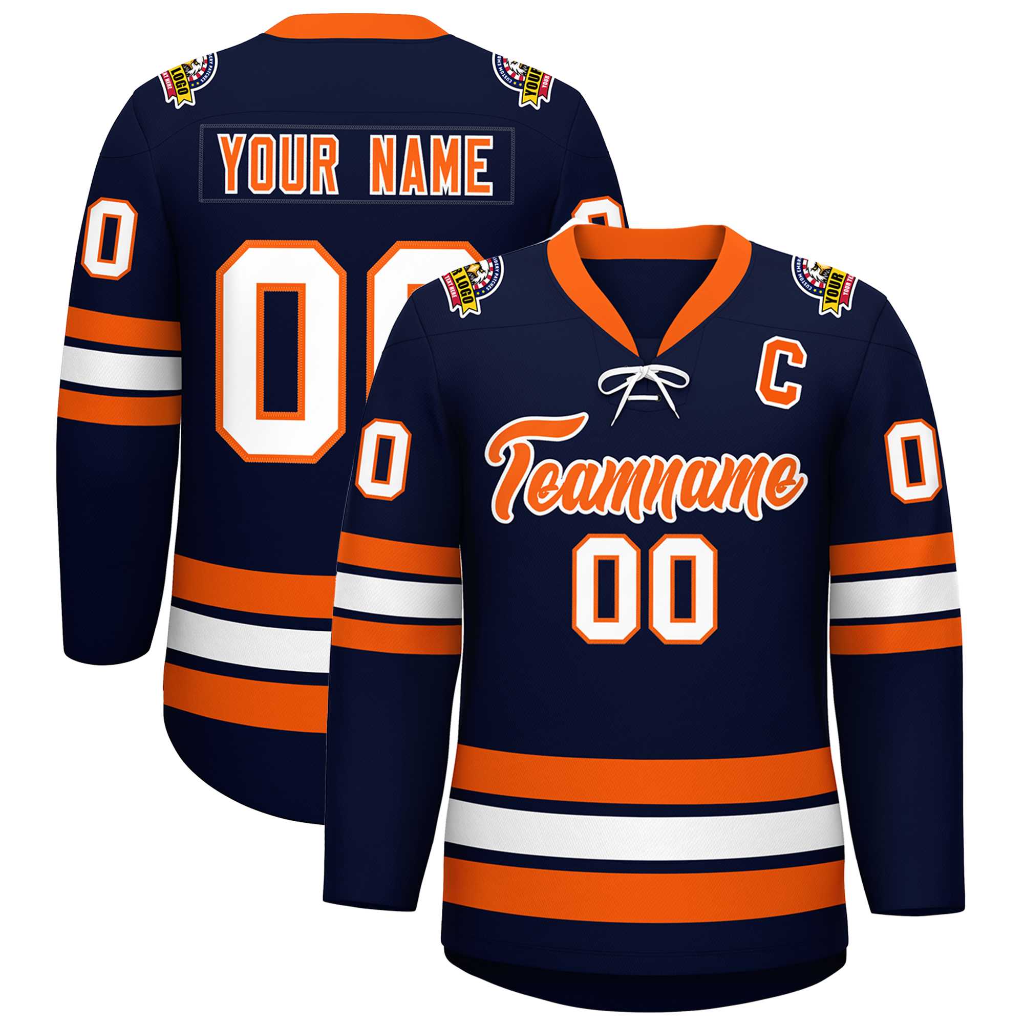 Custom Navy Orange-White Lace-Up Neck Hockey Jersey