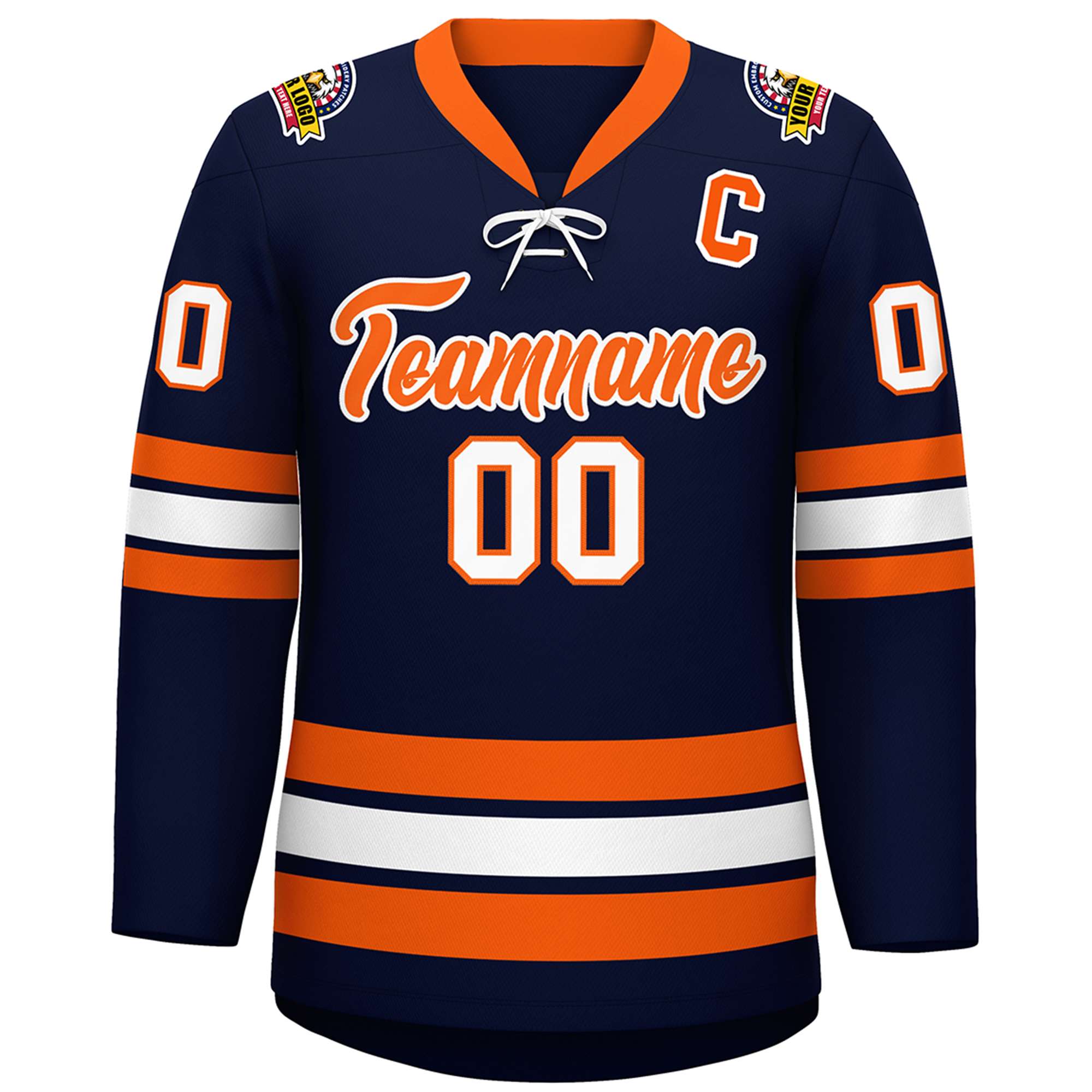 Custom Navy Orange-White Lace-Up Neck Hockey Jersey