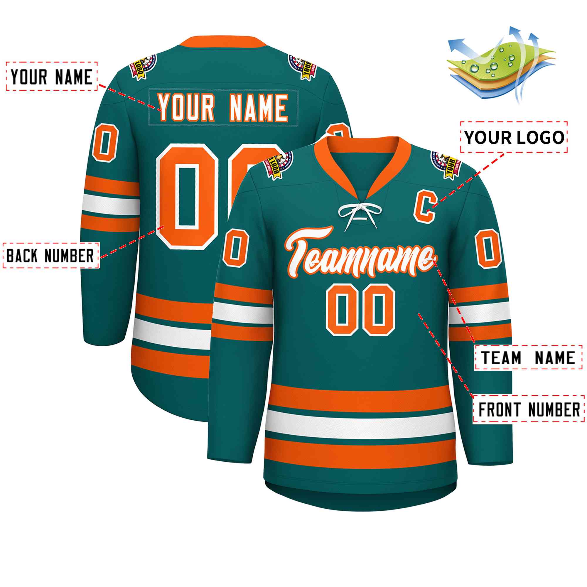 Custom Aqua White-Orange Lace-Up Neck Hockey Jersey