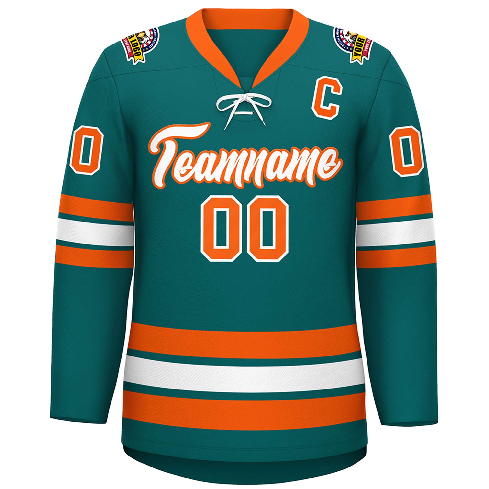 Custom Aqua White-Orange Lace-Up Neck Hockey Jersey