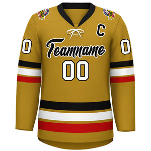 Custom Old Gold Black-White Lace-Up Neck Hockey Jersey