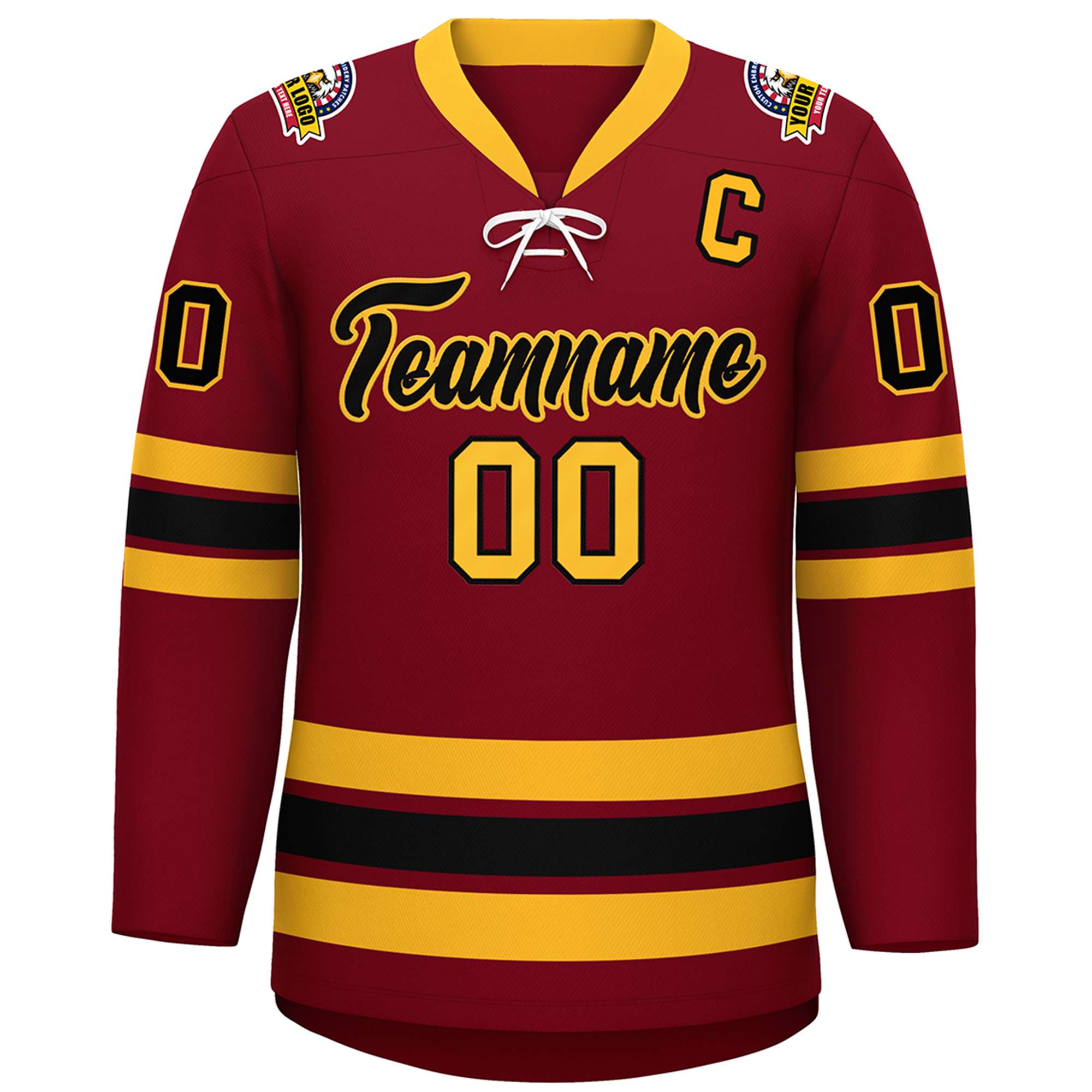 Custom Crimson Black-Yellow Lace-Up Neck Hockey Jersey