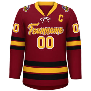 Custom Crimson Yellow-Black Lace-Up Neck Hockey Jersey