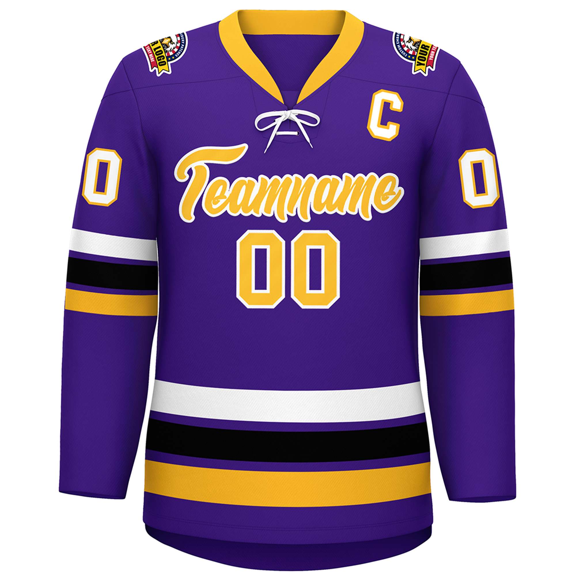 Custom Purple Yellow-White Lace-Up Neck Hockey Jersey