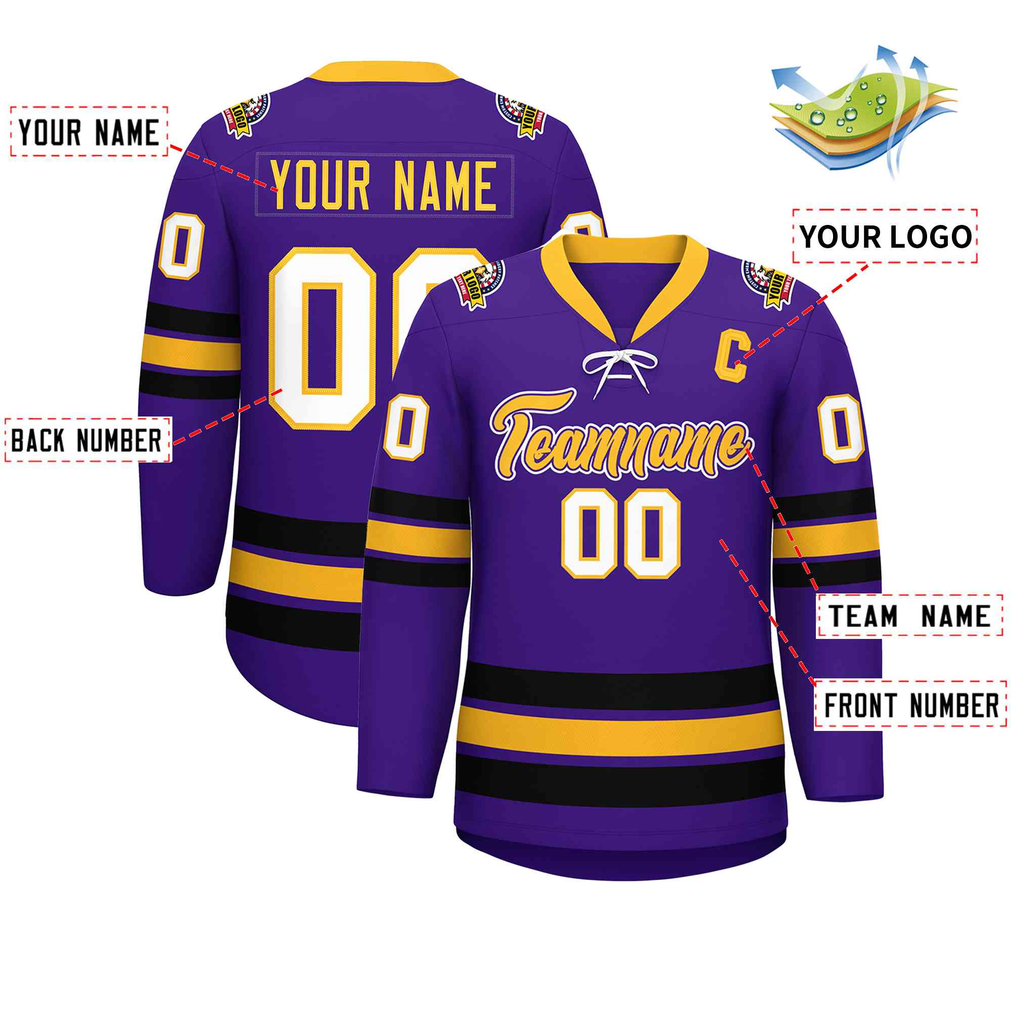 Custom Purple Yellow-Black Lace-Up Neck Hockey Jersey