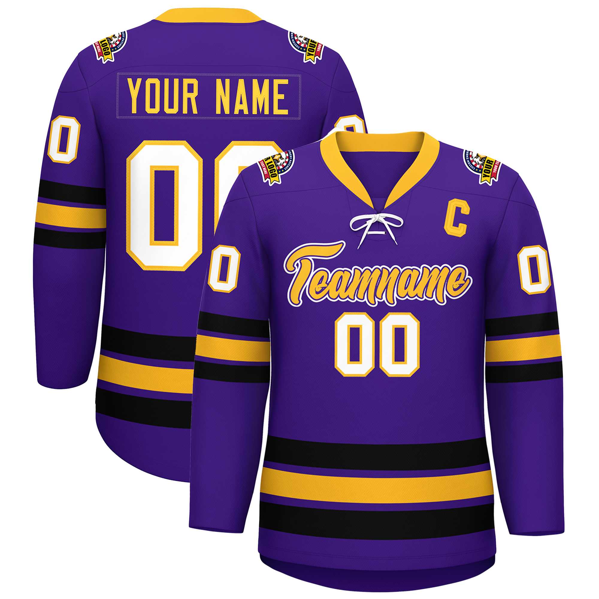 Custom Purple Yellow-Black Lace-Up Neck Hockey Jersey