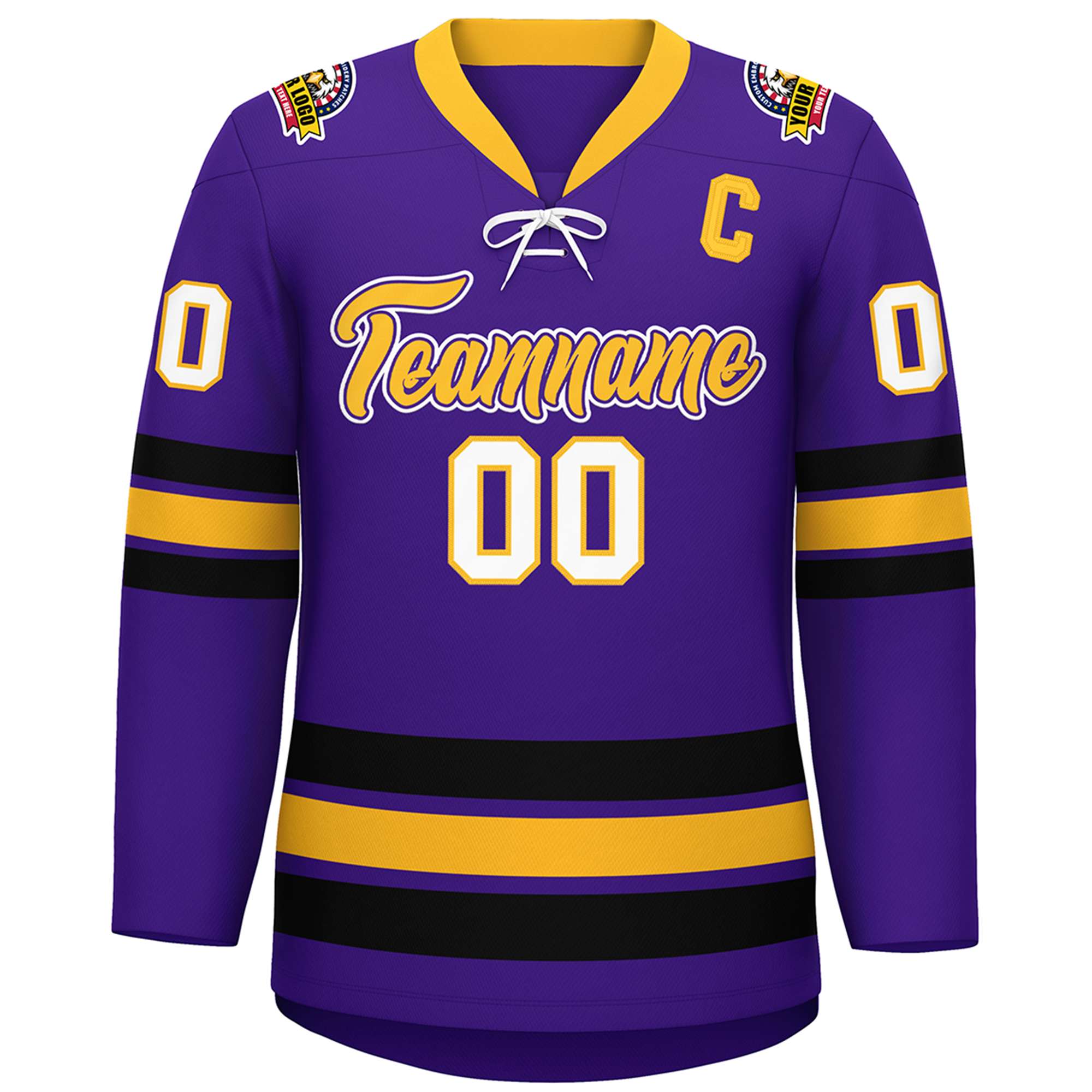 Custom Purple Yellow-Black Lace-Up Neck Hockey Jersey