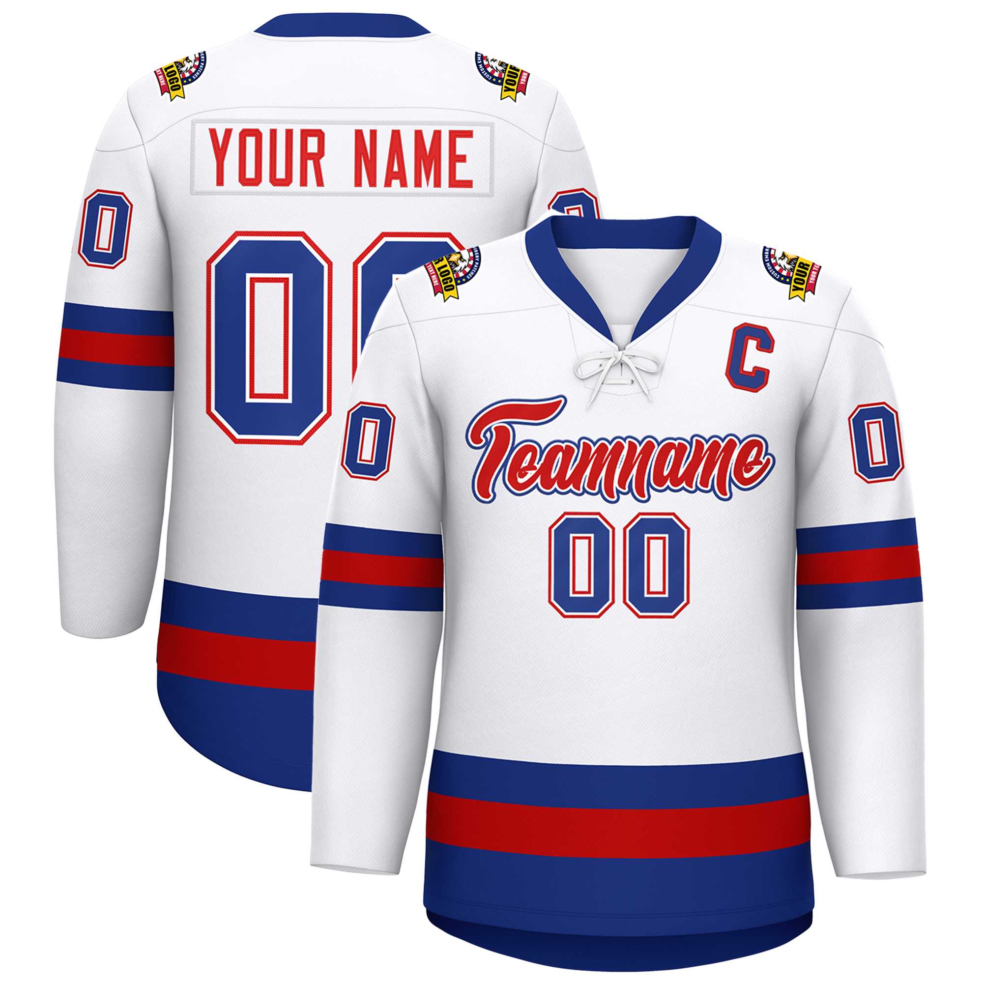 Custom White Red-Royal Lace-Up Neck Hockey Jersey