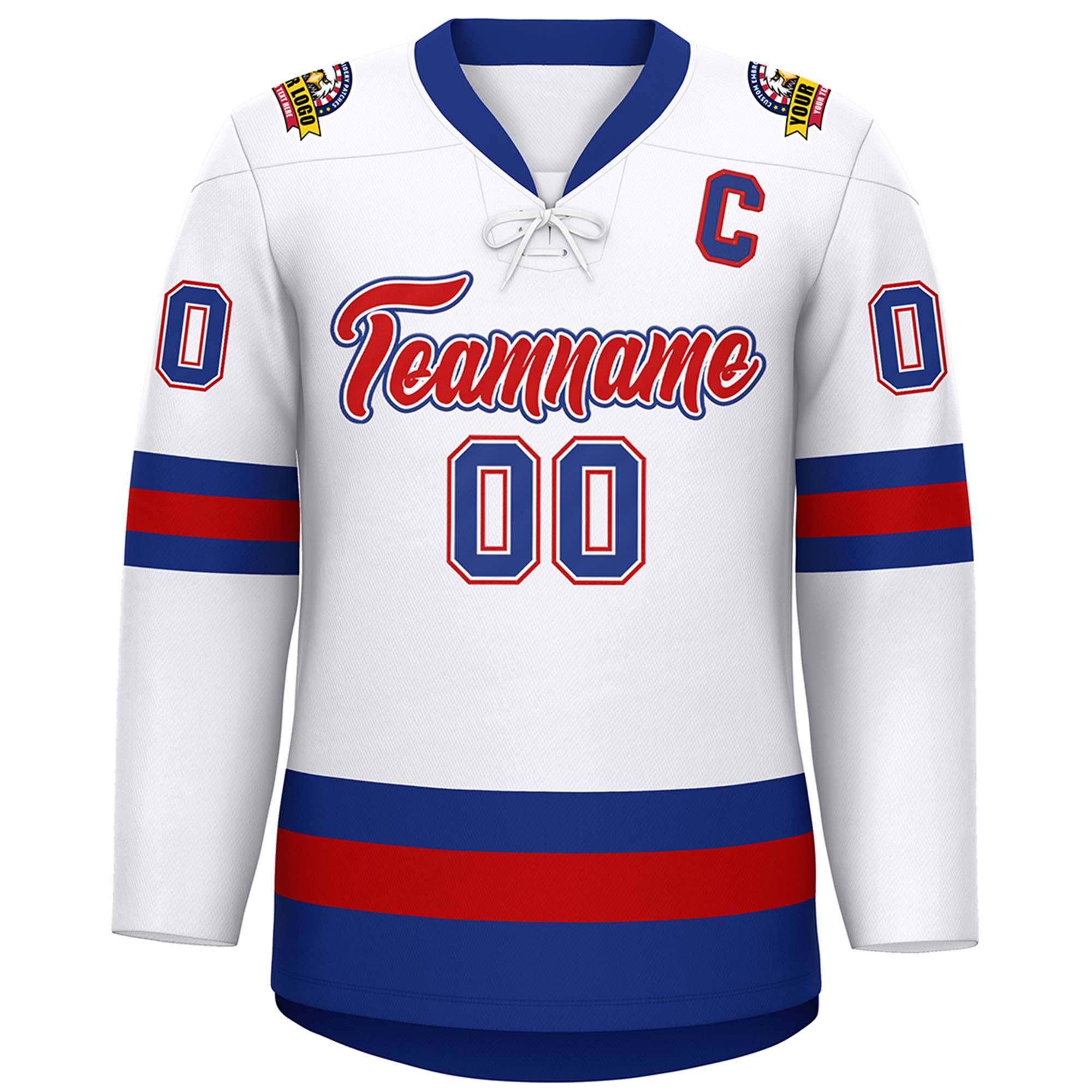 Custom White Red-Royal Lace-Up Neck Hockey Jersey