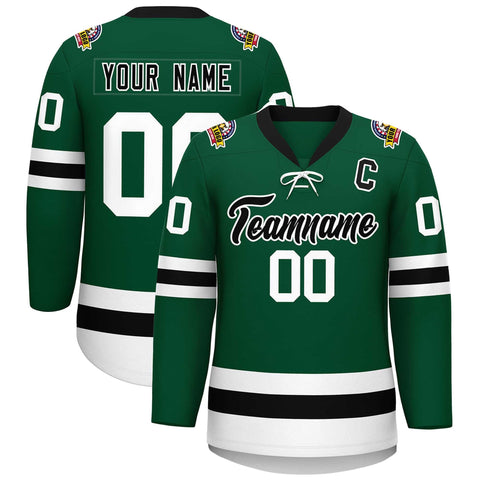 Custom Green Black-White Lace-Up Neck Hockey Jersey