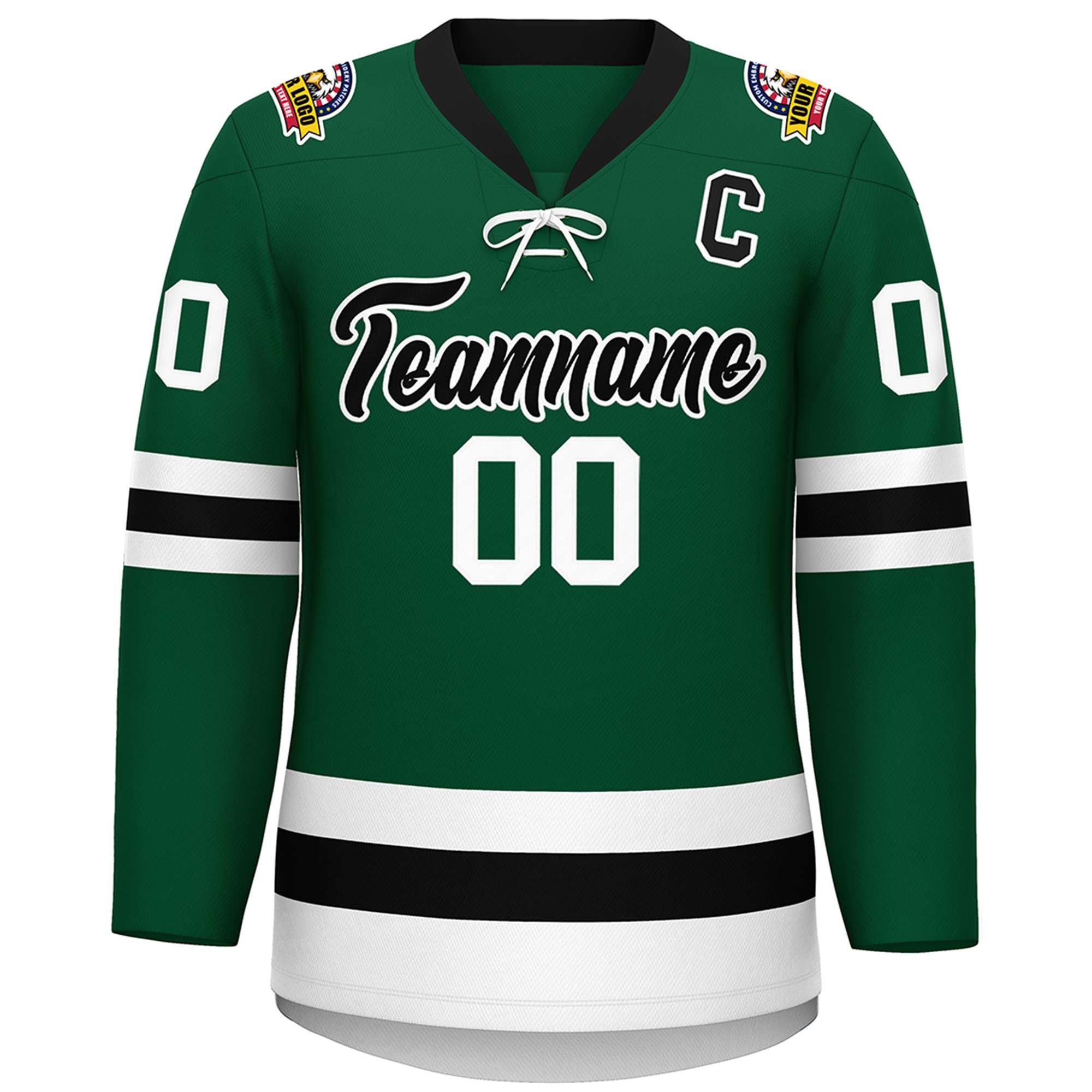 Custom Green Black-White Lace-Up Neck Hockey Jersey