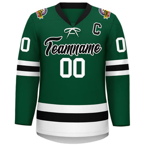 Custom Green Black-White Lace-Up Neck Hockey Jersey