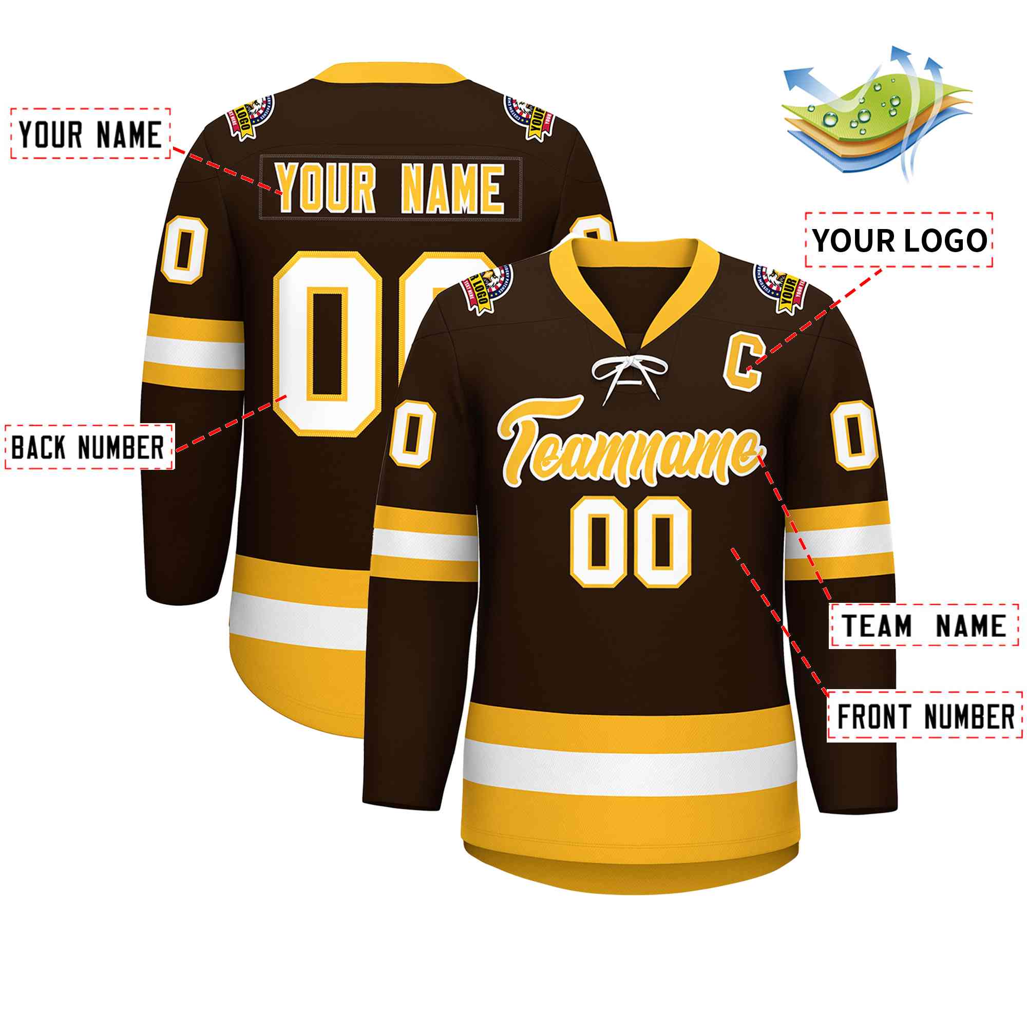 Custom Brown Gold-White Lace-Up Neck Hockey Jersey