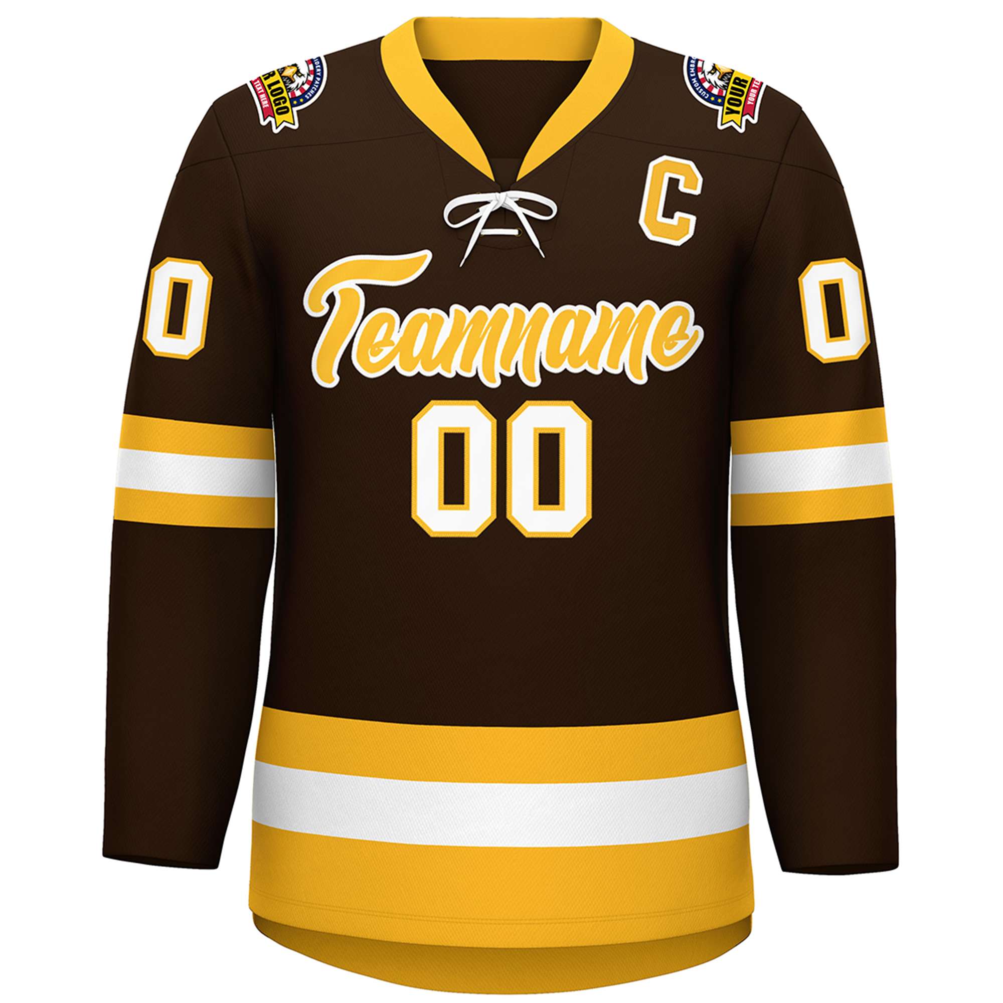 Custom Brown Gold-White Lace-Up Neck Hockey Jersey