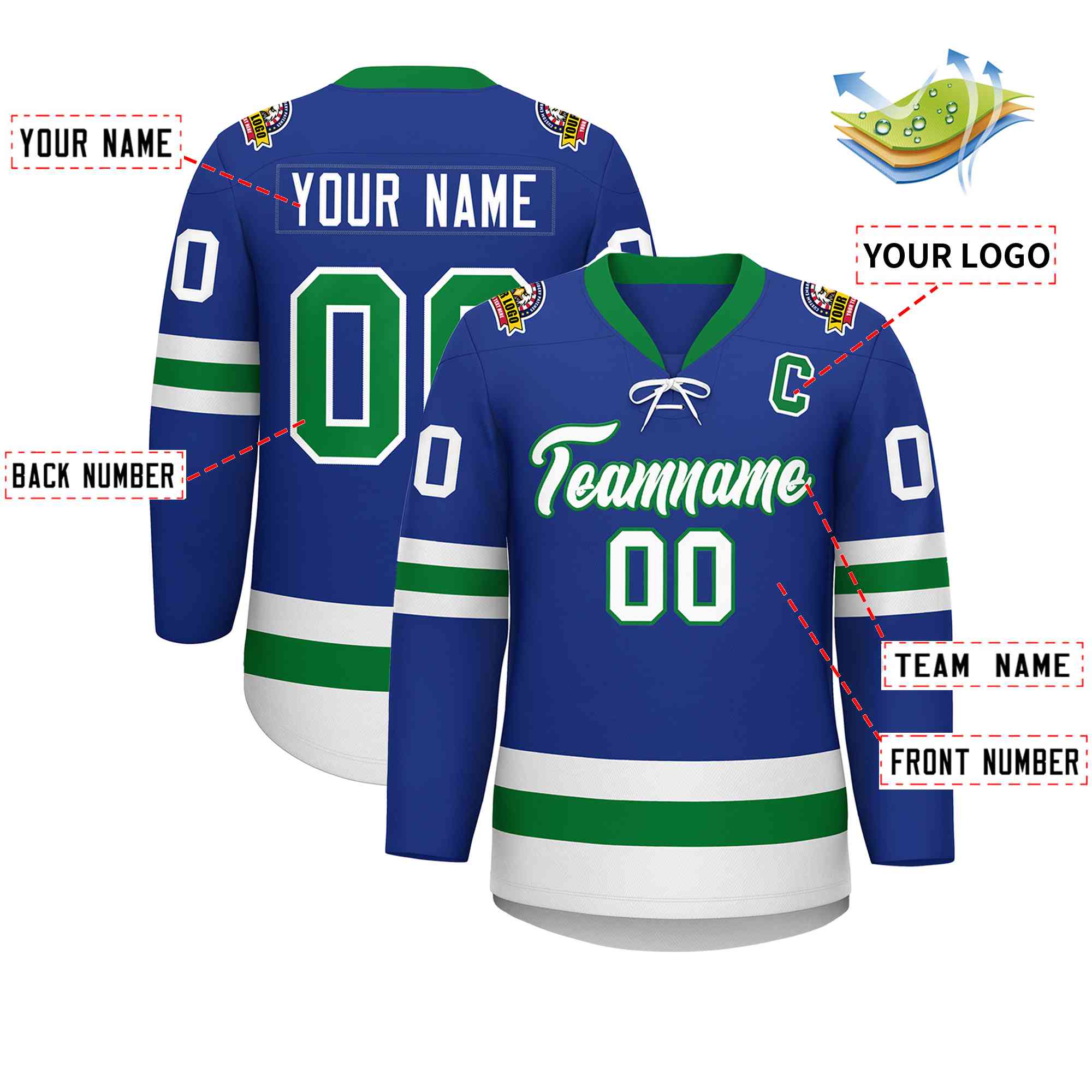 Custom Royal Kelly Green-White Lace-Up Neck Hockey Jersey