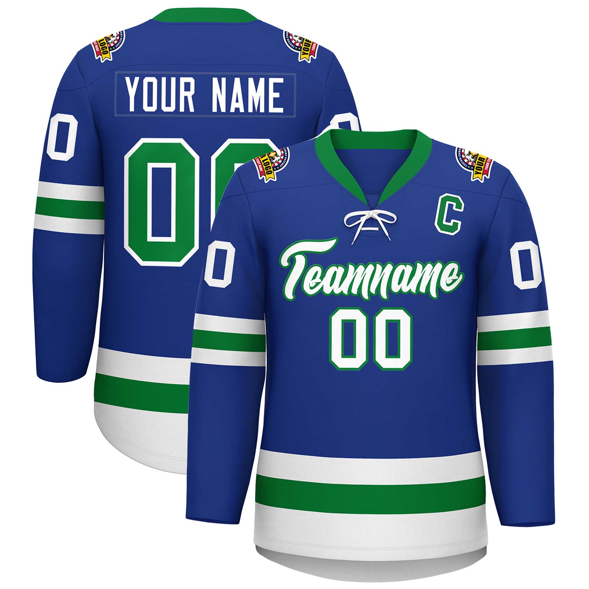 Custom Royal Kelly Green-White Lace-Up Neck Hockey Jersey