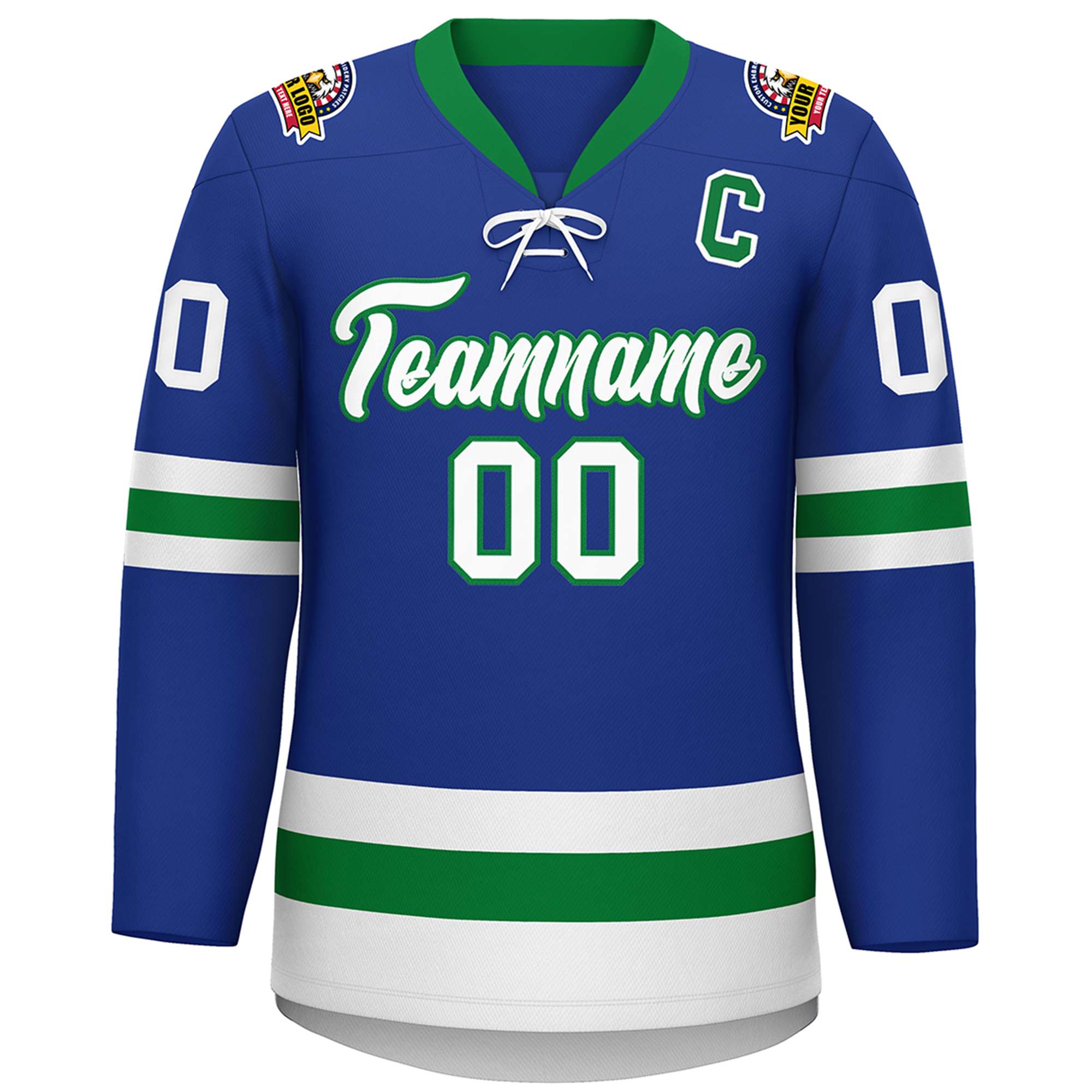 Custom Royal Kelly Green-White Lace-Up Neck Hockey Jersey