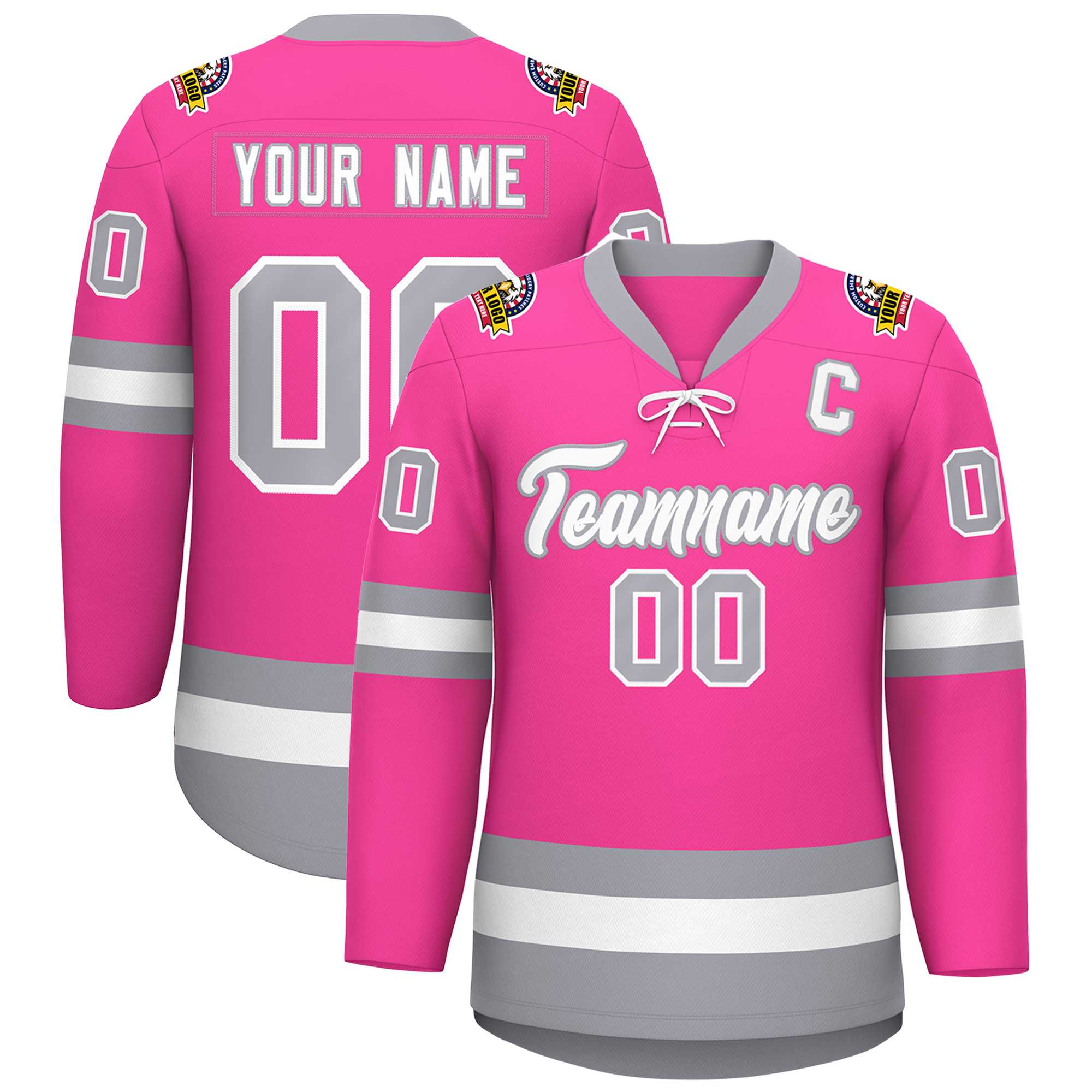 Custom Pink White-Gray Lace-Up Neck Hockey Jersey