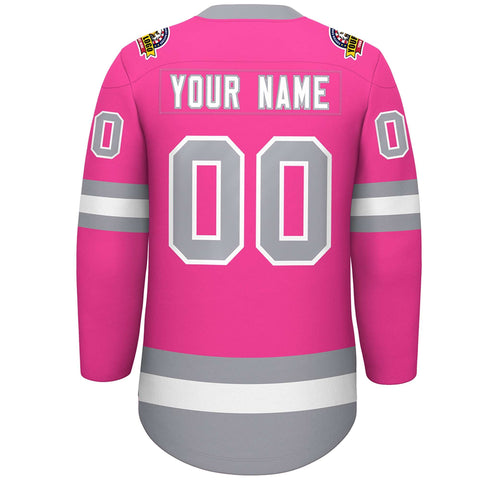 Custom Pink White-Gray Lace-Up Neck Hockey Jersey