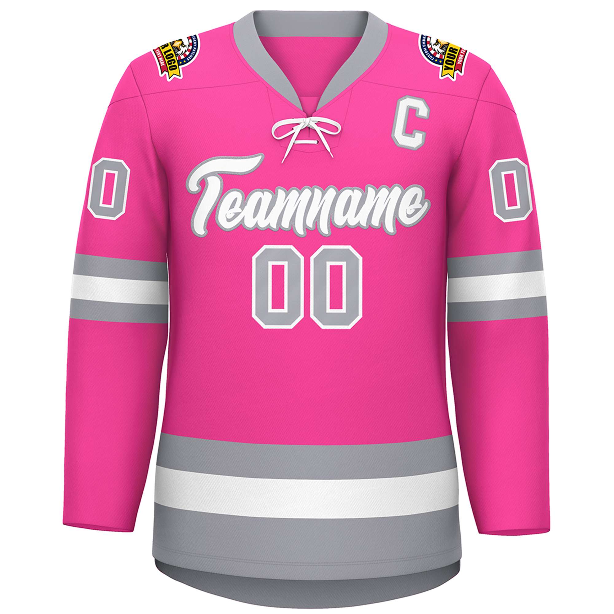 Custom Pink White-Gray Lace-Up Neck Hockey Jersey