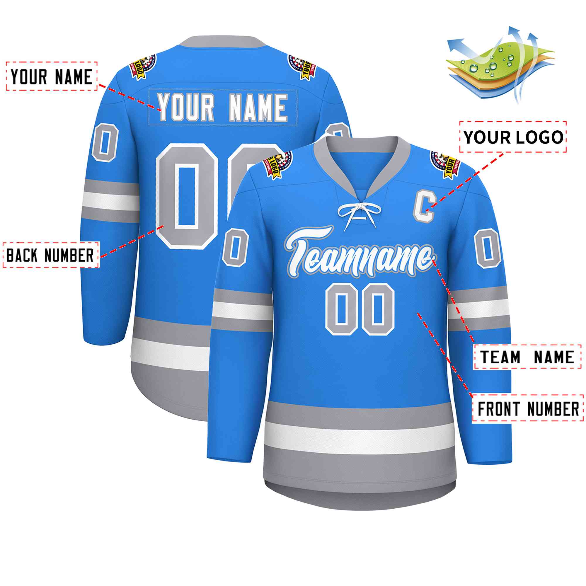 Custom Powder Blue White-Gray Lace-Up Neck Hockey Jersey