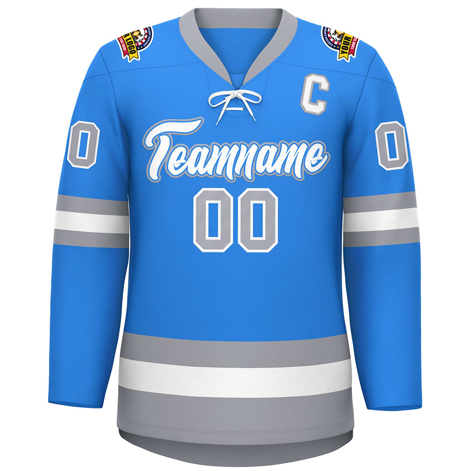 Custom Powder Blue White-Gray Lace-Up Neck Hockey Jersey