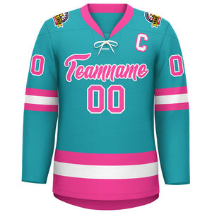 Custom Aqua Pink-White Lace-Up Neck Hockey Jersey