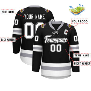 Custom Black White-Gray Lace-Up Neck Hockey Jersey