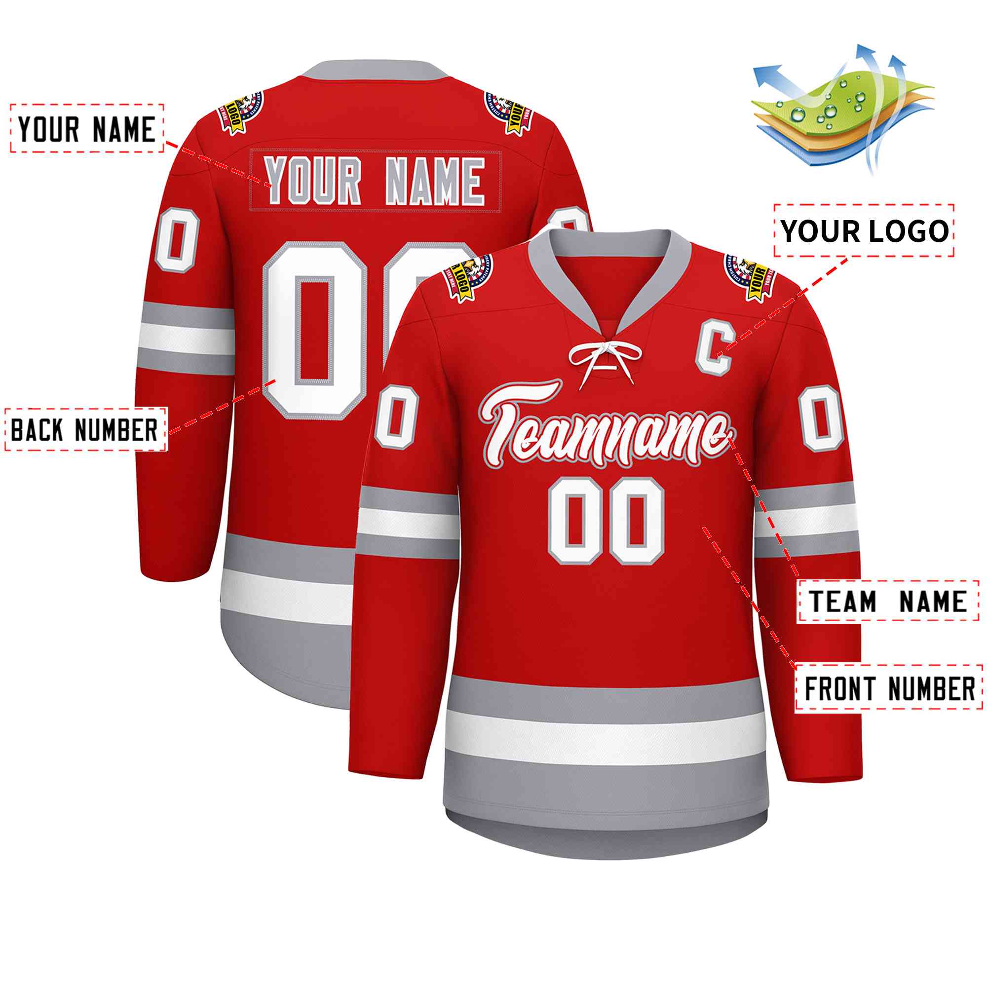 Custom Red White-Gray Lace-Up Neck Hockey Jersey