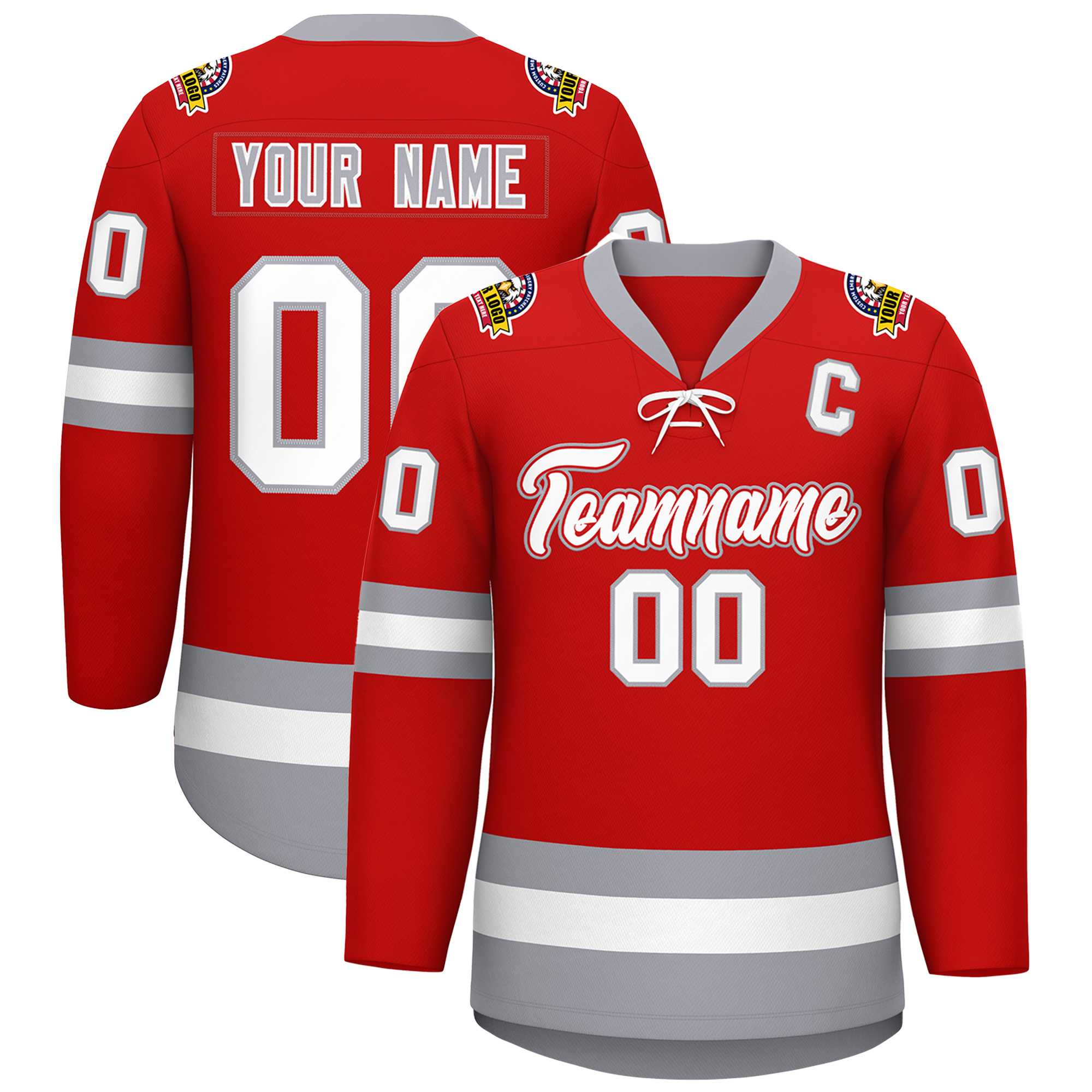 Custom Red White-Gray Lace-Up Neck Hockey Jersey