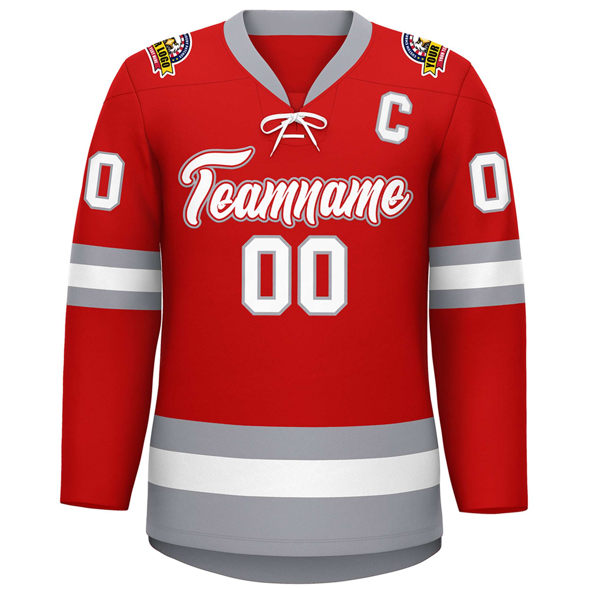 Custom Red White-Gray Lace-Up Neck Hockey Jersey