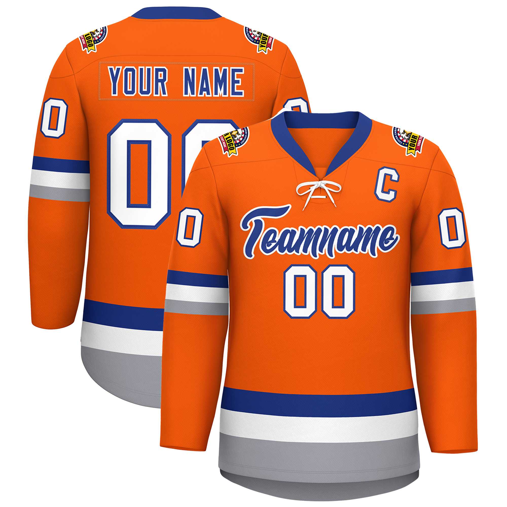 Custom Orange Royal-White Lace-Up Neck Hockey Jersey