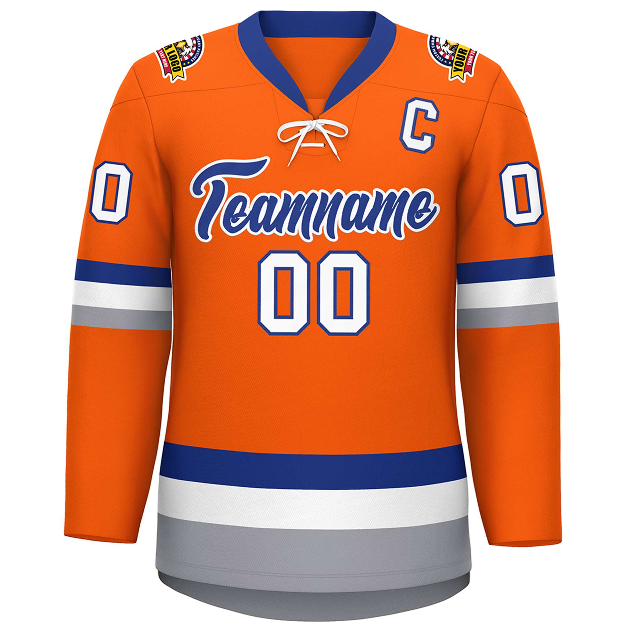 Custom Orange Royal-White Lace-Up Neck Hockey Jersey